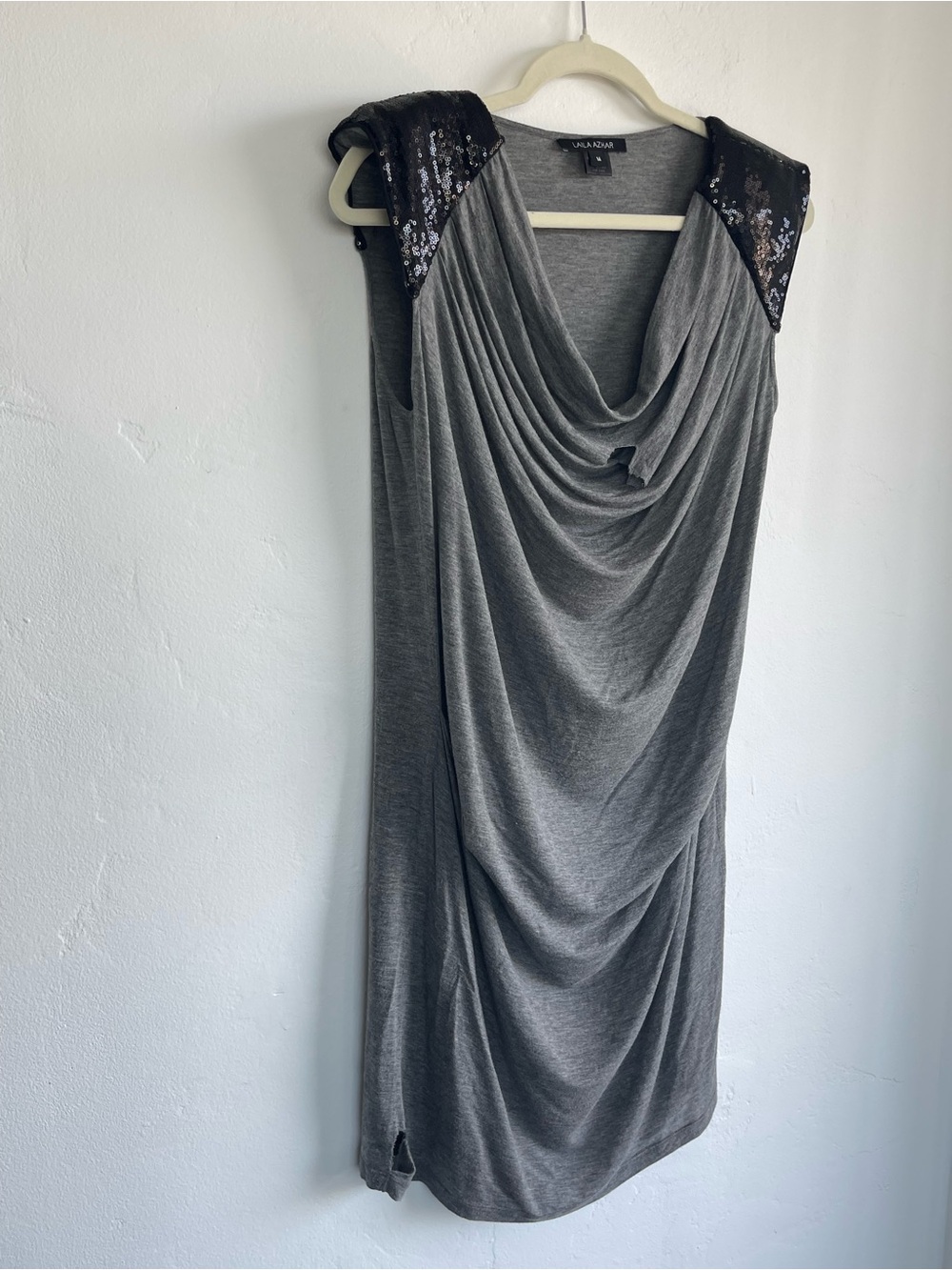 Laila Azhar Gray Draped Mini Dress with Sequin Shoulders